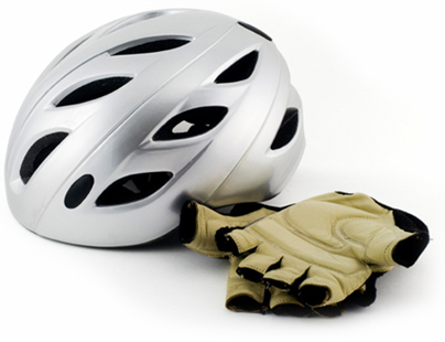 Silver cycling Helmet and cyclist gloves